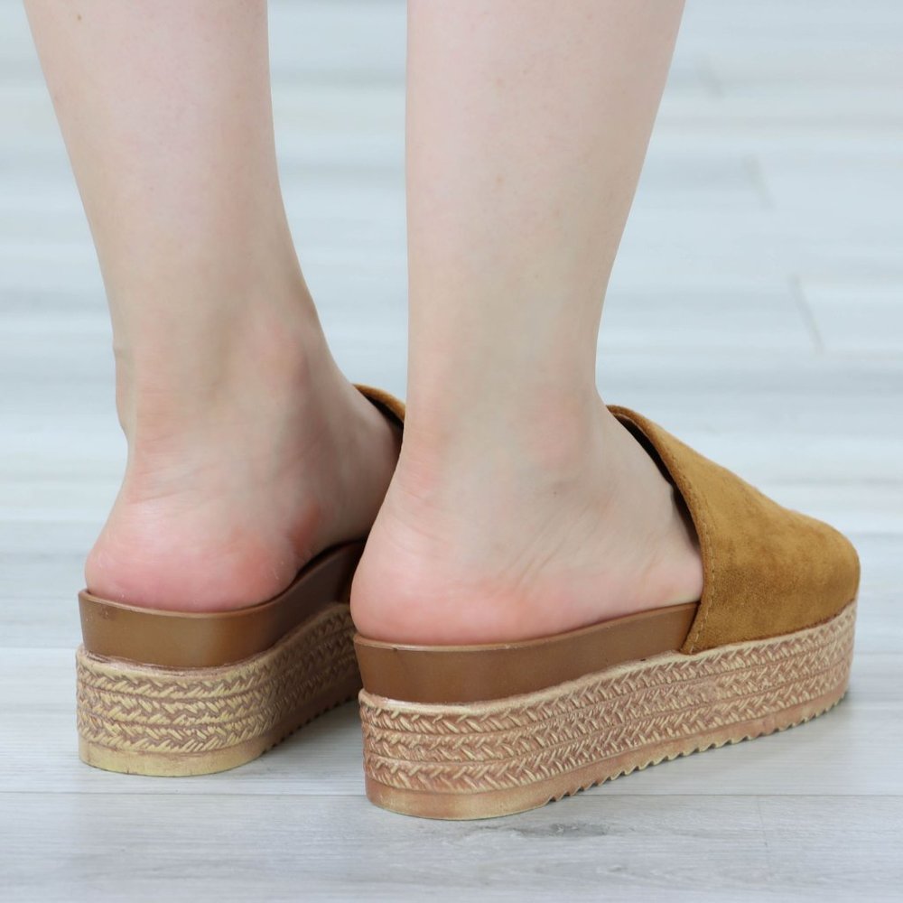 Faux Suede Tan Comfort Platform Sandal Slip On Sliders - Picture 12 of 14